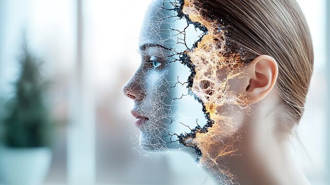 A visual representation of Depersonalization Derealization Disorder showing a distorted mirror reflection of a person looking detached and disconnected from their surroundings