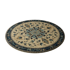 A round rug with blue and white flowers on it