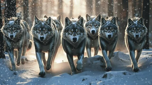 A pack of wolves running through a snowy forest at sunset.