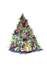 watercolor illustration christmas tree with gifts