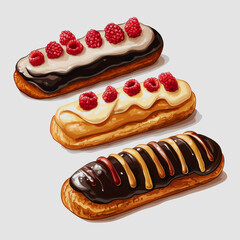 Delightful Dessert Selection Featuring Raspberry Topped Eclairs with Chocolate and Vanilla Cream, Perfect for Sweet Treat Lovers and Bakery Enthusiasts