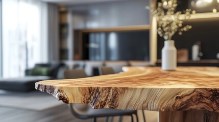 A stylish wooden table centerpiece in a modern living space.