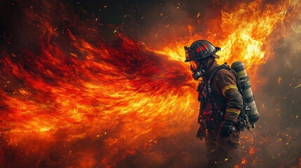 Firefighter Battling Intense Blaze in Full Gear with Flames in Background Capturing Courage and Heroism in Action