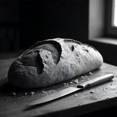 Rustic Wooden Table with Artisan Bread, Knife, and Crumbs, Soft Natural Lighting