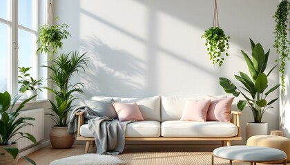 Modern Minimalist Living Room with Scandinavian Aesthetic, Light Wood Furniture, and Plants