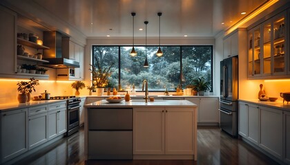 Sleek Modern Kitchen with Glossy White Cabinets, Stainless Steel Appliances, and Large Island