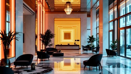 Elegant Art Deco-Inspired Lobby with Gold Accents, Marble Floors, and Plush Seating