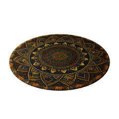 A round rug with a pattern of flowers and leaves