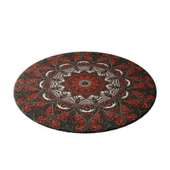 A round rug with a red and black design