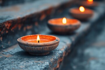 Traditional oil lamps glowing in soft light.