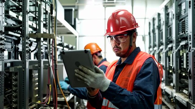 workers in a server room using digital tablet