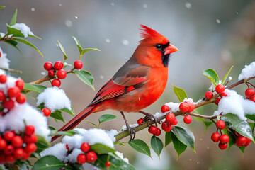 Red cardinal bird on a frosty tree branch with snow red berries in winter, Holiday and Christmas web banner with copy space