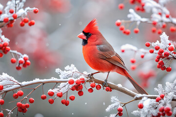 Red cardinal bird on a frosty tree branch with snow red berries in winter, Holiday and Christmas web banner with copy space