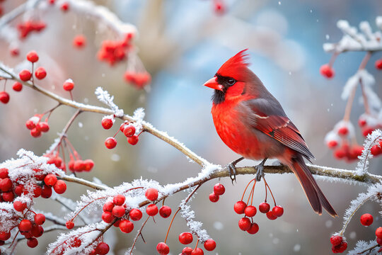 Red cardinal bird on a frosty tree branch with snow red berries in winter, Holiday and Christmas web banner with copy space