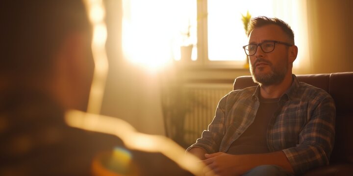 A contemplative man in glasses is engaged in a serious discussion, illuminated by soft sunlight, reflecting the warmth of conversation and deep thought.