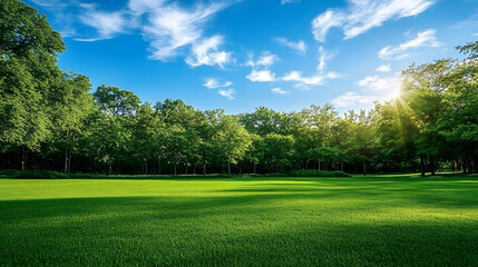 An open grassy field in a public park, with well-kept grass and a backdrop of mature trees and blue sky.