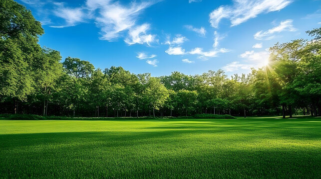 An open grassy field in a public park, with well-kept grass and a backdrop of mature trees and blue sky.