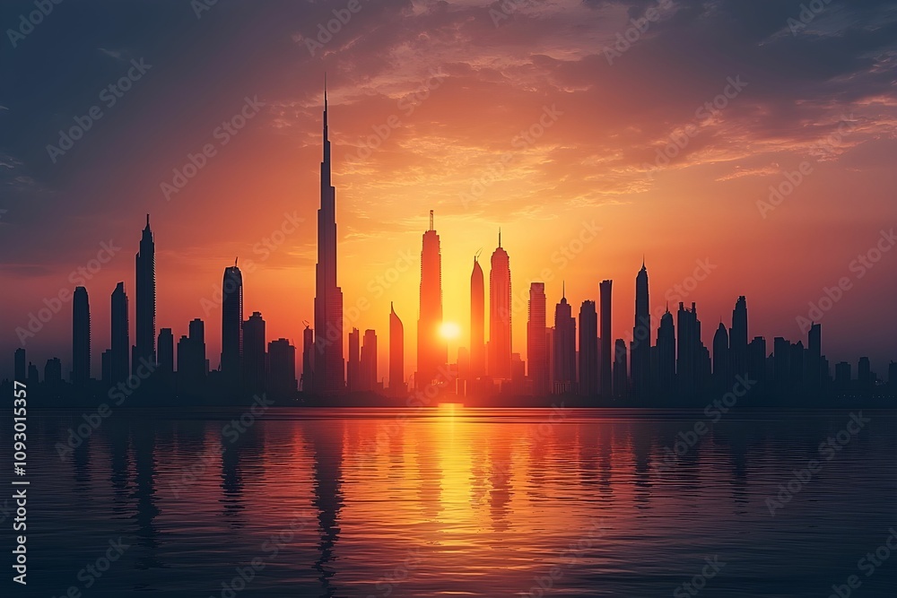 Wall mural Sunset over the Dubai skyline with reflection on calm water