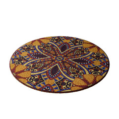 A round rug with a pattern of flowers and swirls
