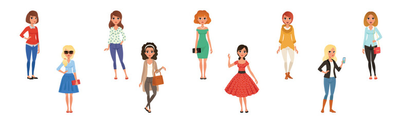Retro Stylish Young Woman Dressed in Trendy Clothes Vector Set