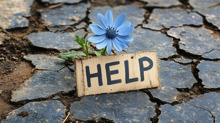 A delicate blue flower emerges from dry, cracked soil, highlighting the urgent need for action against climate change. This stark contrast emphasizes the struggle of nature against global warming