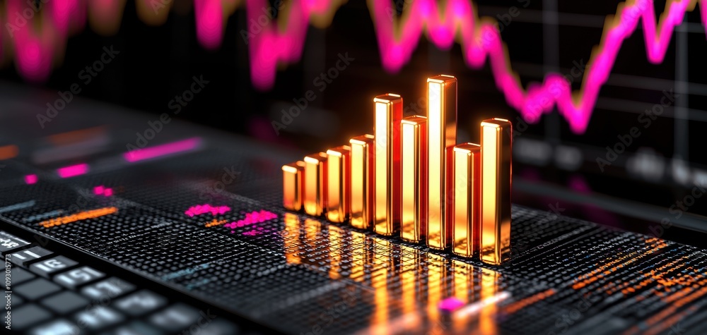 Leinwandbilder the image depicts a vibrant bar graph with glowing orange bars, set against a dark background featur
