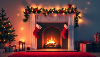 Cozy Fireplace with Christmas Stockings and Garland in Red and Green Decorations
