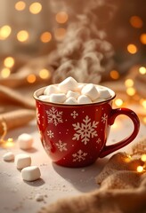 Simple Vector Illustration of Hot Chocolate with Marshmallows in a Red Snowflake Mug