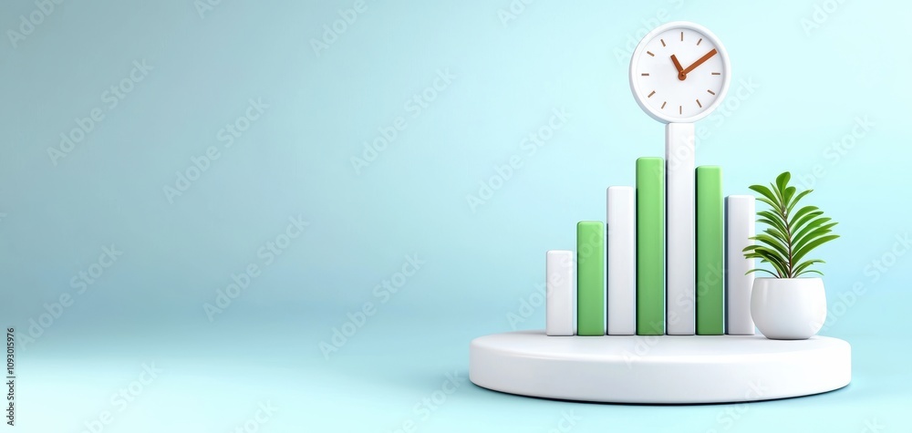 Poster chart diagram finance graph concept. A modern display featuring bar graphs, a clock, and a potted plant on a circular base, suggesting growth and time management concepts.