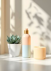 Flat Vector Illustration of Skincare Bottle, Candle, and Plant in Soft Pastel Shades