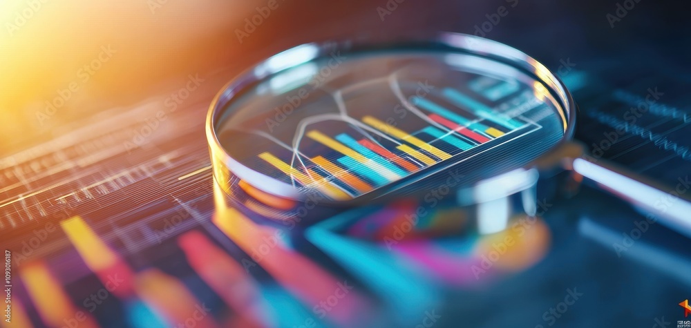 Poster chart diagram finance graph concept. A close-up view of a magnifying glass focusing on colorful data charts, symbolizing analysis and insights in data-driven decision-making.