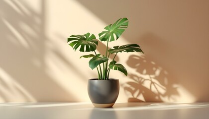 Minimalist Vector Illustration of a Potted Monstera Plant with Green Leaves on Pastel Beige