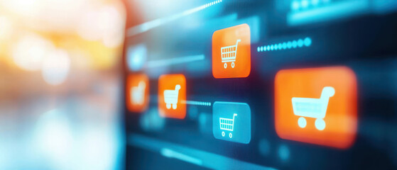 E-commerce supply chain of sales concept. Digital shopping icons with vibrant colors on a modern interface.