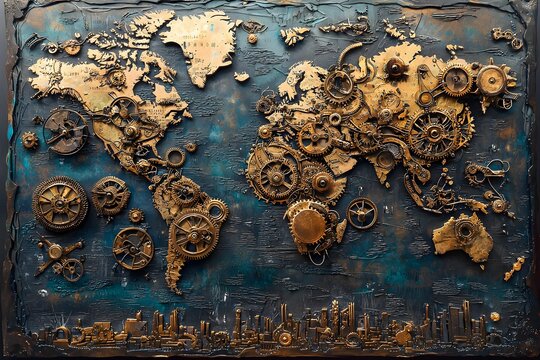 Unique wall art displays a vintage world map with gears and cogs