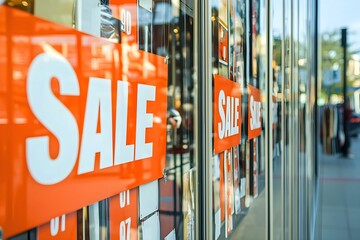 Bright sale signs attract shoppers on a busy street storefront