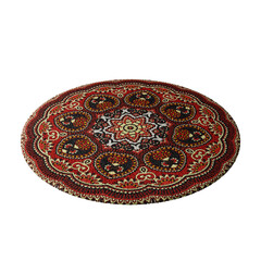 A red and black carpet with a pattern of flowers and skulls