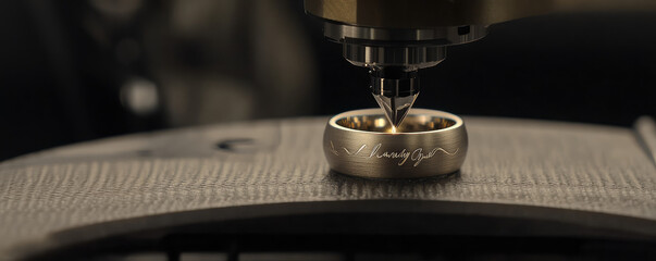 Close-up laser engraving machine creating engraving on a wedding ring. Personalized wedding rings, a unique gift