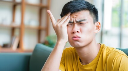 Fototapeta premium Person sitting in a dimly lit room, holding head with both hands, looking distressed. Symbolizing stress and mental strain due to a nerve disorder.