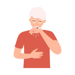 Old man with colds. Sick with chronic cough. Spread bacteria virus. Symptoms throat with phlegm. Flat vector illustration