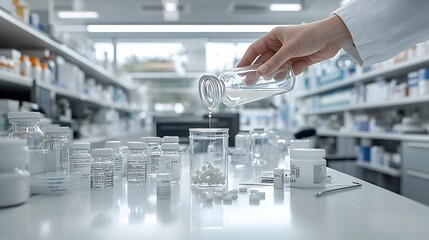 Pharmacist s hand carefully pouring a liquid medication into a graduated cylinder precisely calibrating the exact amount required for the patient s prescription