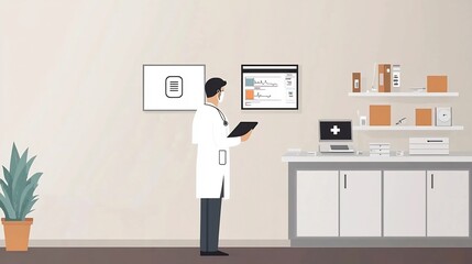 Doctor or clinician analyzing and reviewing digital test results or patient data on a tablet computer in a clean modern medical office or hospital setting