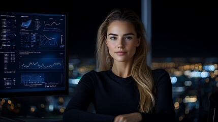 A businesswoman in a high-rise office, gazing out the window with a calm yet assertive look, contemplating her next big move, surrounded by city lights and a luxurious interior. The image evokes 