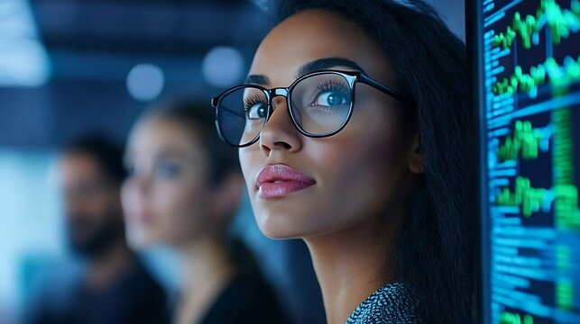 Diverse Corporate Team Analyzing Financial Data on Digital Dashboard