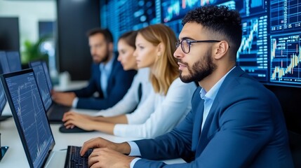 Diverse Corporate Team Analyzing Financial Data on Computer Screens