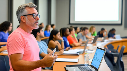 Instructor Guiding Focused Students During Seminar Presentation With Projector