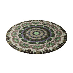 A round rug with a green and brown design