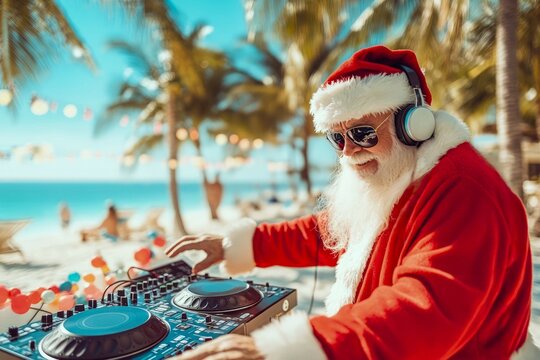Santa as a DJ at a lively tropical beach party, bringing holiday vibes and Christmas fun to the seaside. Perfect for a festive beach celebration theme.