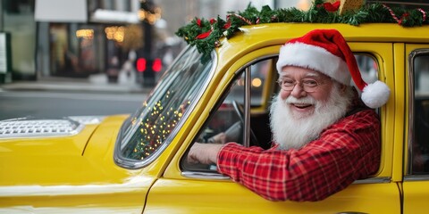 Smiling Santa Claus dressed as a taxi driver, sitting in a car on a city street. A festive and humorous holiday scene blending Christmas spirit with urban transportation.