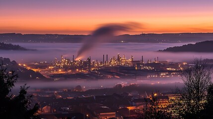 Fototapeta premium Dramatic industrial landscape with a steaming oil refinery silhouetted against a warm glowing sunrise or sunset sky The urban skyline and factory plant are illuminated by the atmospheric lighting