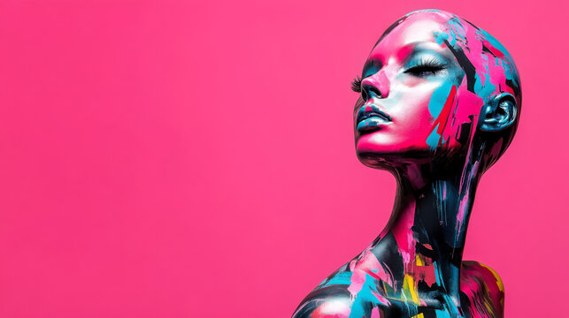 A mannequin painted with vibrant colors stands against a bright pink background, showcasing artistic body art in a creative space